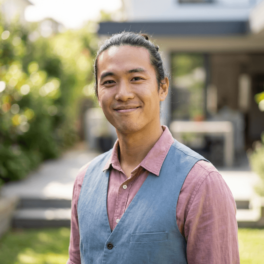 Marcus Chen, small business owner, standing confidently in his shop