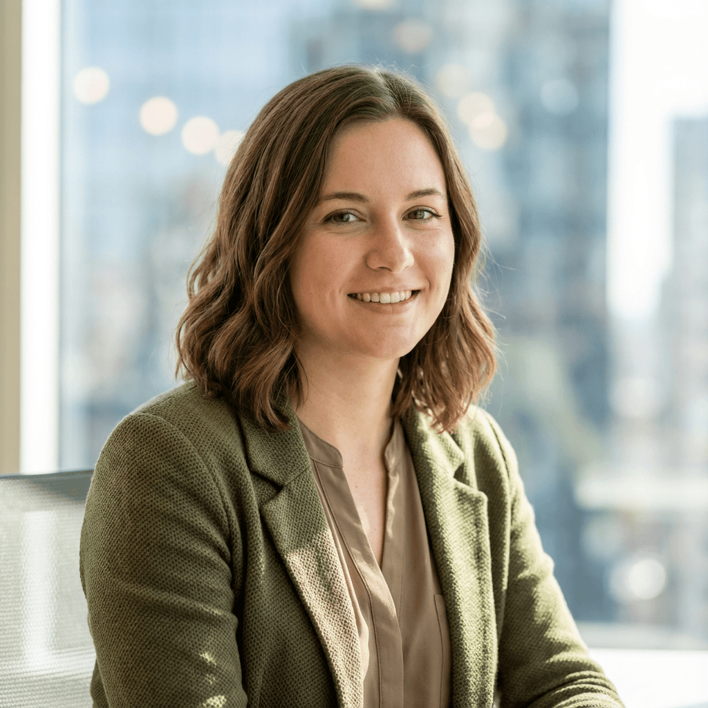 Emily Rodriguez, smiling businesswoman in her late 30s with warm professional appearance