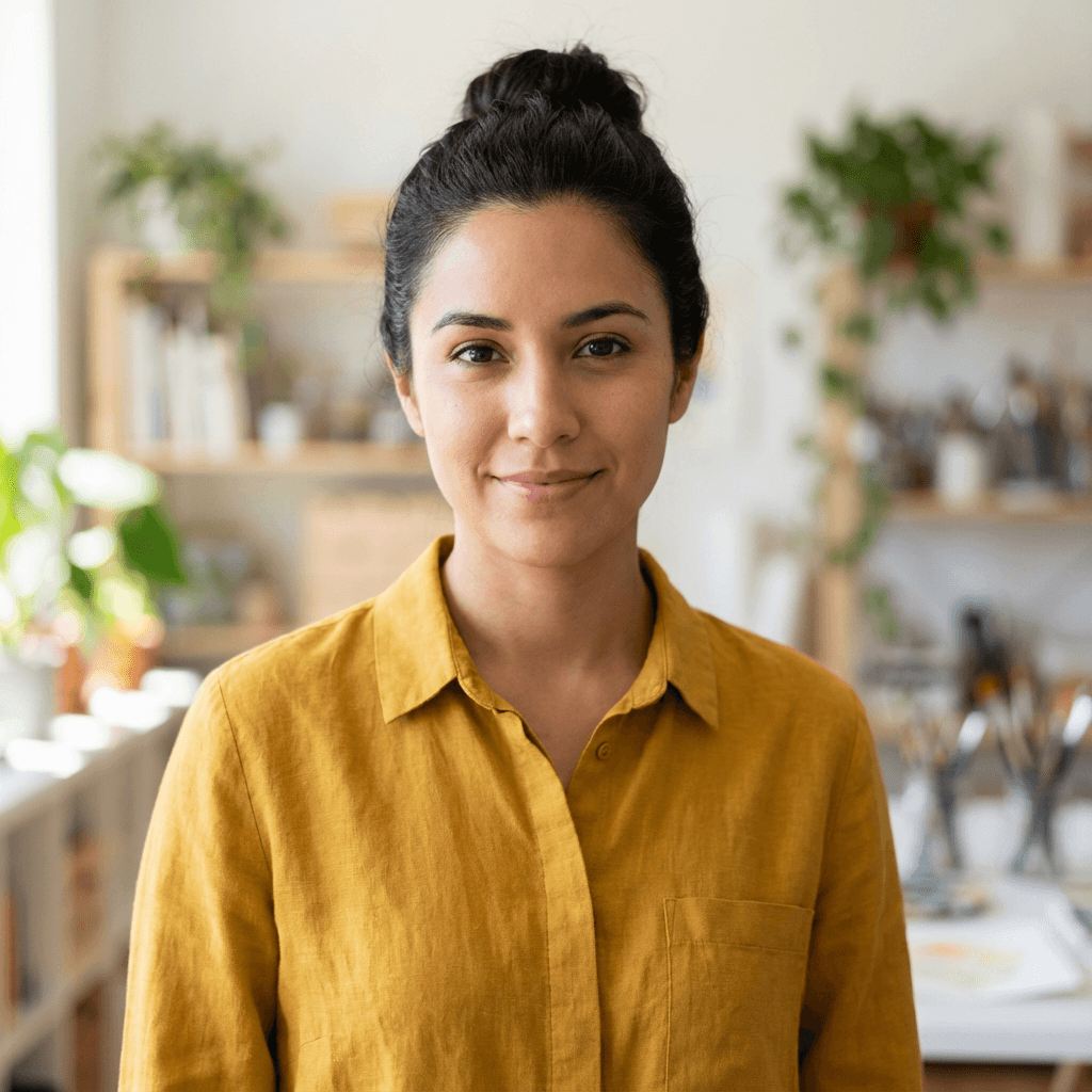 Emily Rodriguez, freelance designer, smiling in a bright creative studio