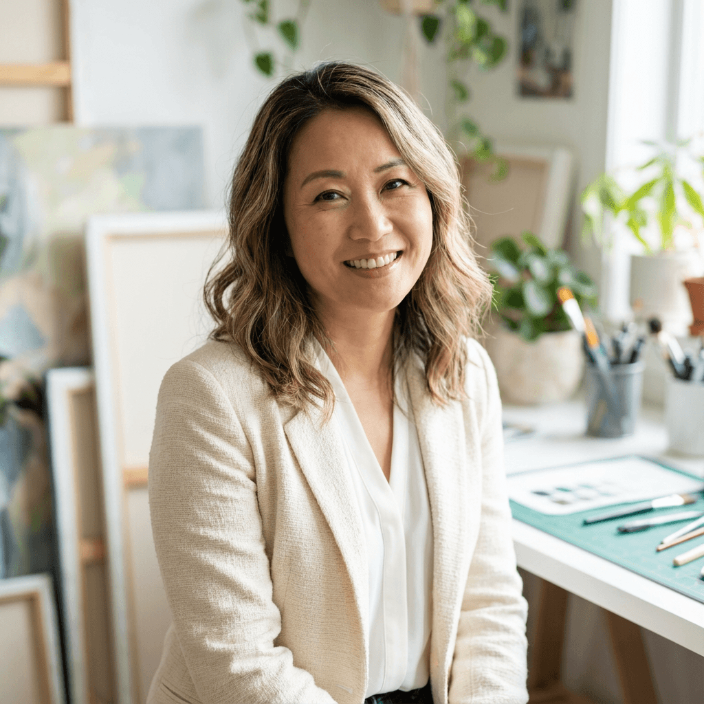Sarah Mitchell, office manager, in professional attire at a modern desk