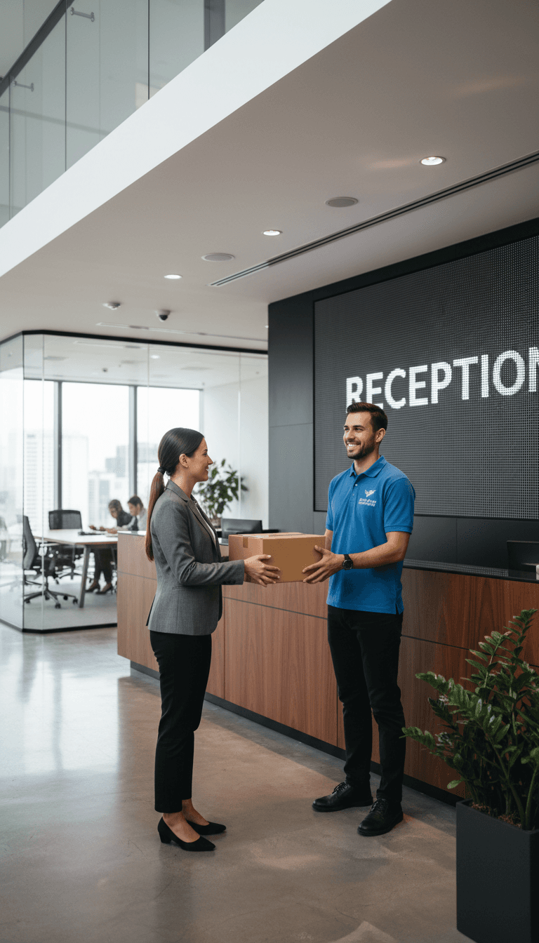 Courier handing a package to a smiling customer in a bright office lobby
