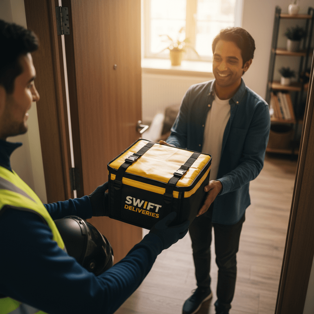 Courier carefully handing a package to a recipient at their door in Toronto